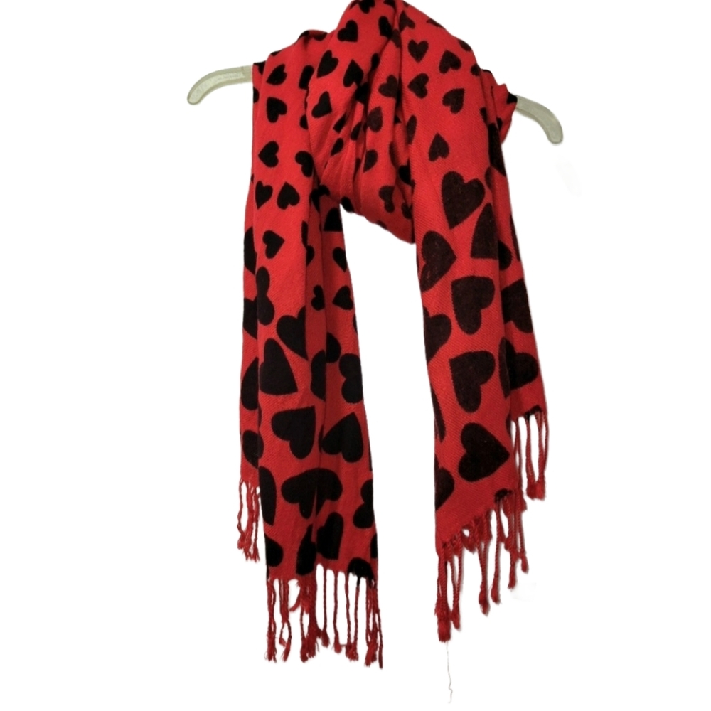 Red & Black Heart Print Scarf/Shawl With Fringe 26" Wide X 6' Long